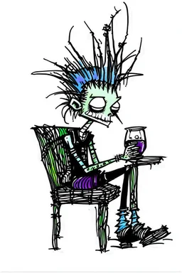 2d drawing of a stickman, cool with punk hair, x eyes like in hangman, sideview of him sitting in a car, arm resting on door