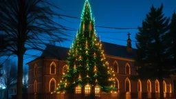 a christmas tree is decorated by a church in a town Generative AI