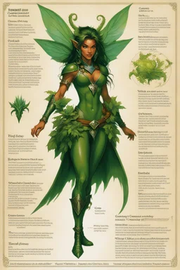 character concept sheet with AD&D statistics and characteristics, [illustration by Jeff Easley] playable class of vegetal shape shifting faerie