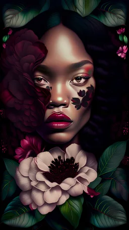 beautiful realistic black woman with flower pattern face, with dark red hair, lots of magnolias of all colors growing from her, dark green flower pattern background