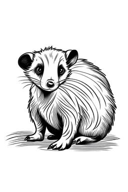 • Simple on line draw for kids of a cute tiny cartoon 'American Badger' inolated on white, white background, without color, black and white, full image