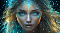 The photo is done in a bioluminescent and bioluminescent art style depicting a divine woman, Bioluminescent dewy translucent glowing skin, ethereal glowing eyes, long neck, perfect face in ultra-realistic details, flowing hair, The composition imitates a cinematic film with dazzling, golden and silver lighting effects. Intricate details, sharp focus, crystal clear skin create high detail. 3d, 64k, high resolution, high detail, computer graphics, hyperrealism, f/16, 1/300 sec.