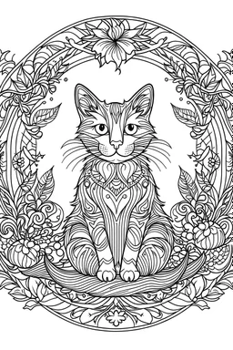 background, cat thanksgiving style, only use outline, Mandala style, clean line art, white background, ,o shadows and clear and well outline