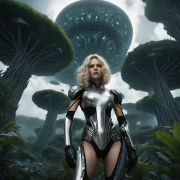 Wide-angle photo of a slim sci-fi woman with blond hair, wearing a silver and black futuristic android-like spacesuit, standing on an alien cloud tree jungle planet