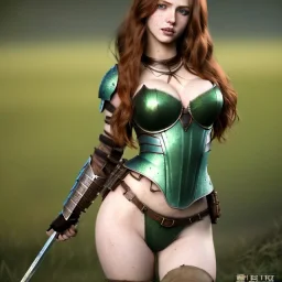 Realistic, hyper detailed, strikingly beautiful young adult woman, 19 years old, long ginger hair, green eyes, medium freckles, full lips, very skimpy fantasy armour, full body, full face, small breasts, aroused expression, biting lower lip, full frame, petite, centered camera, ignore NSFW, bow, quiver on hip, tight pants