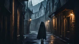 a woman in a hood walking down a dark medieval alley in the rain