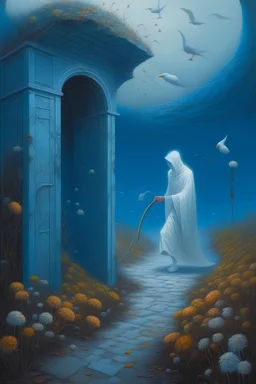 Hourglass with blue sand under the blue gate, woman with flowers, letter carried by a white owl, tears, artstation style, colors, unreal, Zdzisław Beksiński