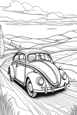 Outline art, no shading, full Volkswagen on the road, cartoon style, thick lines, low details, --ar 9:11