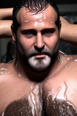 full figure shot photography of 43 years old wet sweat burly chubby very ugly italian plumber smiling under the shower , hands behind the head , manly chest , in white overalls, beard , wet, sweat, curly hairs, tattoo, big tights, photorealistic, Canon EOS, hyper-realistic, very detailed, drunk eyes, natural colours, sunlight, ambient occlusion, the light shines on wet skin