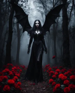 Facing front photography Gothic Art Style realistic Full body,creepy Vampire ghost woman long hair straddle wings bat she on walk on creepy,in dark night mystery forest,red roses flowers sorrounded background,dramatic angle, extreme angle shot, trypophobia, horror