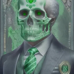 a head and shoulders portrait of a skeleton dressed in a three-piece suit as the president of the united states, based on us currency, united states one dollar bill, shades of green, real-life, colors match the united states one dollar bill, realistic, robotic,