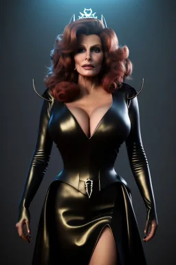 Raquel Welch as evil queen in black leather gown, angry, busty, curvey, cleavage, unreal 5, octane render, cinema4d, dynamic lighting, dramatic lighting, 4k, redshift render, highly detailed, hyper realistic