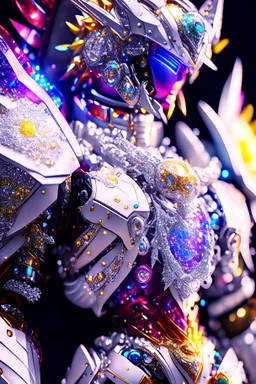 super robot with elements of Rydeen, colorful outfit, Cinematic Lighting, fantasy, sharp focus, studio photo, intricate details, highly detailed, 8K, ultra realistic, super realistic, glitter diamonds, bright color, jeweled skin, crystals, sapphires, ornate, white, translucent, silver, intricate and character portrait, perfect anatomy,