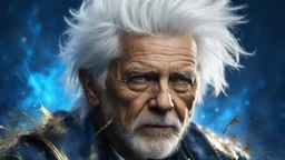 Old Punk 60 years old, portrait, white hair, blue background, gold and silver fragments and particles, glow, glare, old torn cracked canvas, mystical, fine rendering, high detail, sharp focus, 8K