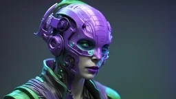 cyberpunk neoromancer and alien based 3D Print of an cyberpunk masked neuromancer dystopian mage, semi realistic human render, blender, ultra detailed, purple, blue and green, Controlled Randomness, depth of vision, depth of field, sharpness 35%, Low Light Photography, Unreal Engine 5, OctaneRender, object illumination, ambient occlusion, metallic texture, static background, aesthetic, cyber, glossy, glow, bloom, surrealism,