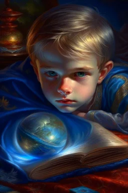 book cover illustration, oil painting portrait of metallic sleeping slightly cute smirking innocent blue eyed vampire holding small earth on a platter on a towel, bokeh , high detail, smooth render, prize winning, down light, depth of field, aura, in wind