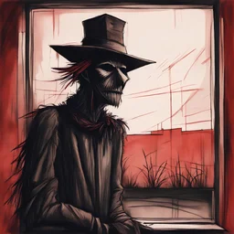 drawing of a scary scarecrow looking in window, dramatic, horror, by Colin McCahon, 2D illustration, red hues