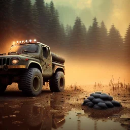 stylized hyperrealistic shot, muddy aggressive military toy truck, monotone color palette, sharp focus, puddle reflection, tire water splash, refraction, mist on the horizon, sunset, rocky terrain with huge boulders, detailed and intricate, cinematic composition, micro, tilt shift photography, unreal engine 5, octane render, 8k, cinematic lighting