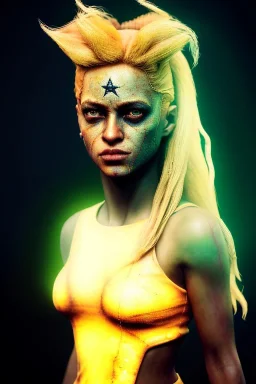 portrait, Shakira, blonde, angry, Realistic image, superhero, watchmen style, gold make-up, sweat, fog, goddess style, Neon colors, leds. Black background, photo studio, concept art, smooth, unreal engine 5, god lights, ray tracing, RTX, lumen lighting, ultra detail, volumetric lighting, 3d, finely drawn, high definition, 4k.