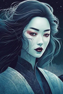 create an imaginative print illustration of an ethereal, otherworldly gaunt and withered ancient female Lasombra vampire , in the style of Hasui Kawase and Shiro Kasamatsu with highly detailed feminine facial features