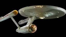 a screen capture from a star trek movie of a battle-damaged starship enterprise IN the year 2380 IS IN A BATTLE with monster ufos sci-fi meticulous, highly-polished, photorealistic, studio production, intricately detailed, GALACTIC, directed by gene Roddenberry,