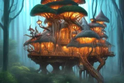 Stunning fantasy treehouse of the eaglefolk in the deep wood, concept art, digital art, hyperdetailed, surreal, beautiful lighting, arches, shadows, enchanting, magical, photorealistic, intricate detailed, Studio Ghibli, by Jack Vance