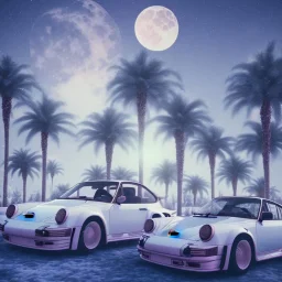 1980's aesthetic vaporwave palm trees with moon with porsche in the winter snow with lightning