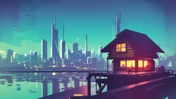 small Wooden European Cabin, In cyberpunk city-skyline, comic style