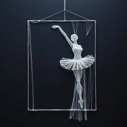 2d yarn and string art, minimalism, ballerina in arabesque pose made entirely out of white string, dark negative space, extreme contrast, concept art, stunning, dramatic, filigree, intricate details, string textures, strands of string hanging down from to on frame