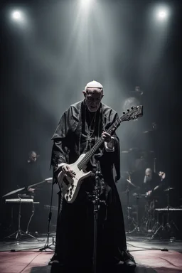 papež hraje na pódiu v blackmetalové kapale na baskytaru, biskup hraje na bicí, kardinál na elektrickou kytaru a řve do mikrofonu, ponurá atmosféra, veliká scéna koncertu, pentagram, obrácený kříž, veliký kontrast, hodně detailů, fotorealistické, RAW
