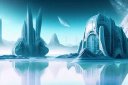 ice, lagoon, seashore, distant futuristic city, epic, sci-fi