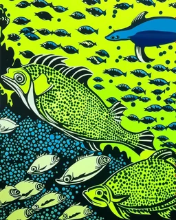 A lime green underwater reef with poisonous fish painted by Roy Lichtenstein