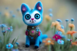 closeup, sharp focus, cute faced happy bioluminescent mohair fantasy steampunk animal cat creature, needle felt, big shiny blue eyes S<AI in sunshine, flower pattern background