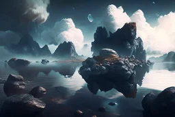 rocks, lake, clouds, epic, sci-fi