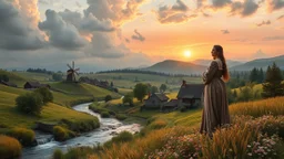 a village over high grassy hills,a small fall and river and wild flowers at river sides, trees houses ,next to Ripe wheat ready for harvest farm,windmill ,a few village local shops ,cloudy sun set sky,the the great Leonardo is painting his monalisa and she is posing as model