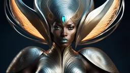 futuristic illutration: a fantasy female creature with a textured, metallic body that emits rhythmic, scratchy sounds. Its skin resembles the grooves of a guiro, with vibrant, swirling patterns. It has lively, glowing eyes and moves gracefully, radiating energy