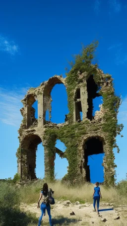 ruined buildings with people and blue sky and foliage