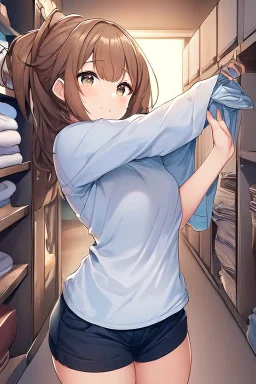 anime girl in a changing room wearing short-shorts and putting on her shirt