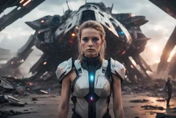 Beautiful girl with rainbow eyes, warrior, strong, sad, resilient, Masterpiece, female, young, best quality, cinematic lighting, futuristic, , standing in front of crashed spaceship, with family of 8 behind her, tough stance.