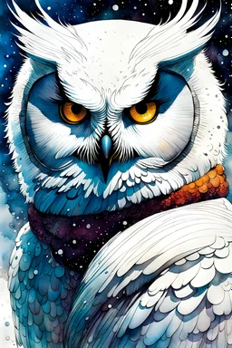 ink wash and watercolor illustration of a hybrid Snowy Owl girl with highly detailed feathers and facial features in the comic book style of Bill Sienkiewicz and Jean Giraud Moebius, with a fine art aesthetic, highly detailed , 4k UHD cinegraphic quality