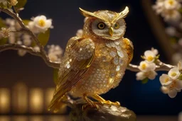 An image of a crystal owl covered in gold etching and diamonds, perched on a branch of cherry blossoms. The scene is illuminated by a soft, ethereal light, enhancing the intricate details and textures of the bird and the surroundings. The art style is detailed, realistic, and captures the magical essence of the scene, trending on ArtStation. The composition combines elements of classical elegance and modern fantasy, reminiscent of the masterful works elegant fantasy intricate high