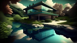 a futuristic house sitting next to a body of water, cartography, by Jon Coffelt, flickr, modernism, reflections, shady, edited in photoshop, frank lloyd wright