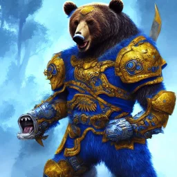 An angry bear warrior in blue and gold armor, background of Inka jungle, high detail, smooth, realistic, digital illustration, Artstation, artgerm,