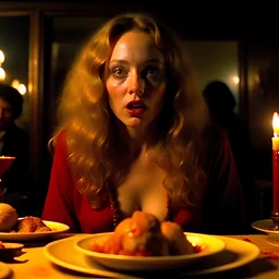 Spooky, ultra realistic distress, dining, ultra realistic hot woman, meat, blue eyes, organic hot bondes, dynamic, anguish, excited and lively scene, hypermaximalist spot, Creepy the Ring Alfred Hitchcock, Sam Raimi, insanely detailed, sinister, John Carpenter, Dario Argento, ornate