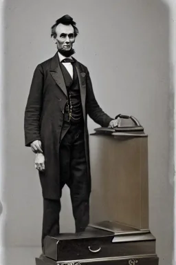 Abraham Lincoln standing beside a coffin with his hand on the lid vintage photography, beautiful, Tumblr aesthetic, retro sepia vintage style, HD photography, hyperrealism, beautiful, natural, realistic ultra HD, Daguerreotype, Bleach bypass