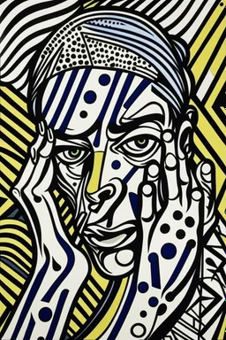 tribal man in grief with hands on face crazy shapes pencil draw style of roy lichtenstein