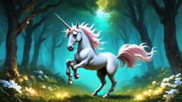 Graceful unicorn prancing in a mystical forest in the style of Princecore