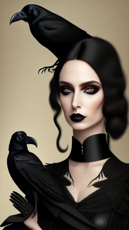 portrait of a beautiful goth woman with Caress a crow, wearing a black dress, 8k, high quality, highly detailed full body