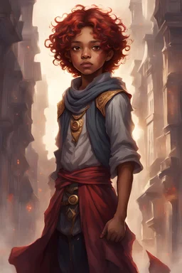 young mulatto sorcerer of eleven years old, brown eyes, short wavy blood-red hair