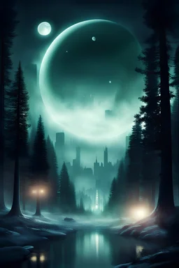 {Scifi}, City, night, boreal forest, two moons in the sky,